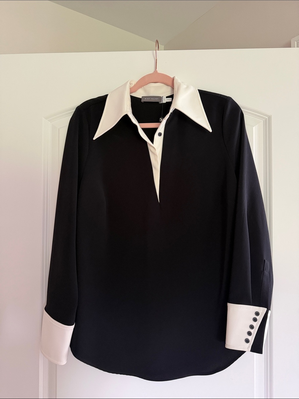 Mint Velvet Black Blouse with White Contrast Collar
